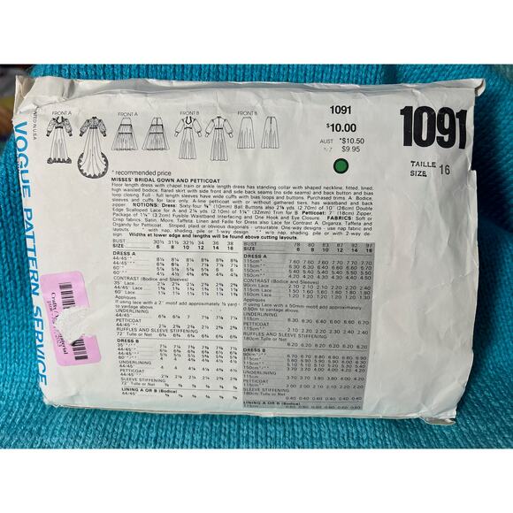 Vogue sewing pattern 1091 formal wedding dress leg of mutton puff sleeves sz 13 - Picture 3 of 8